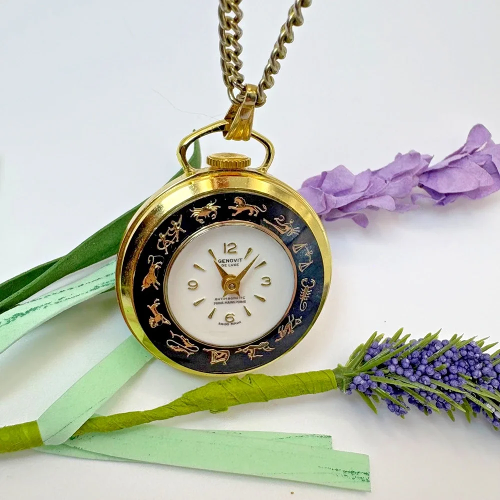 Vtg Genova Chain Pocket Watch Antimagnetic Phina Gold & Black Zodiac Astrology
